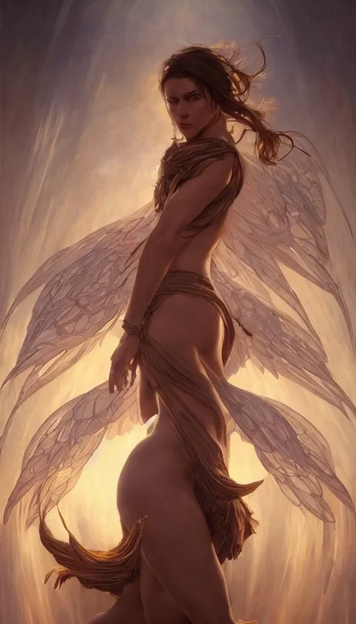 Image similar to seraphim, perfectly-centered-painting of the most beautiful women on the planet, sweaty, dynamic action pose, insane, intricate, highly detailed, digital painting, artstation, concept art, smooth, sharp focus, illustration, Unreal Engine 5, 8K, art by artgerm and greg rutkowski and alphonse mucha