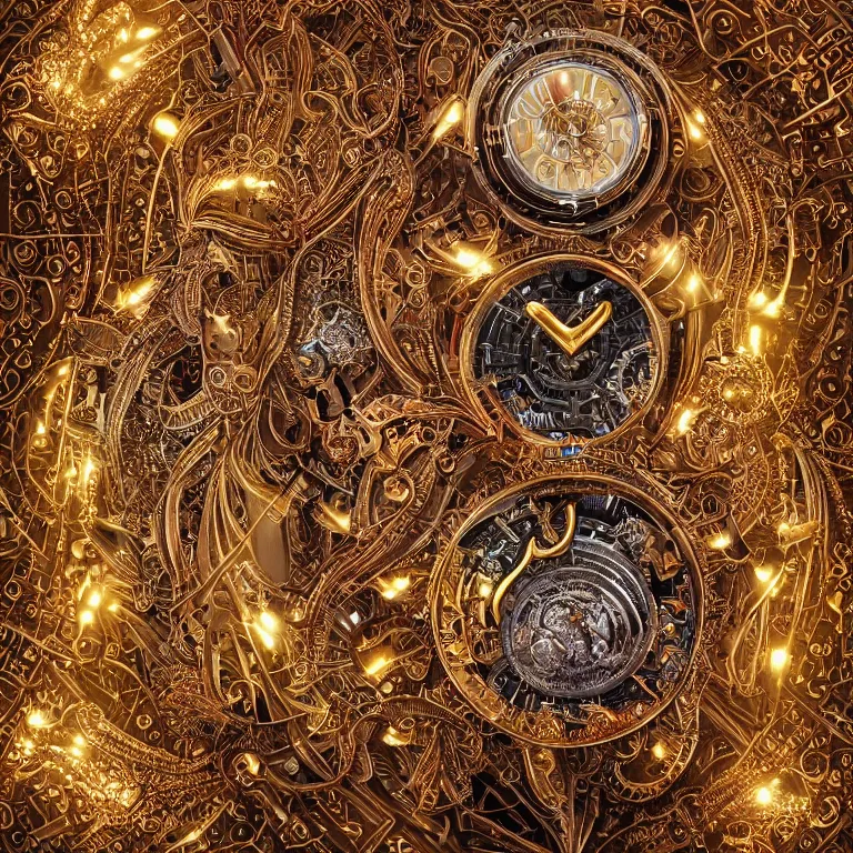 Prompt: octane render portrait by wayne barlow and carlo crivelli and glenn fabry, a high - end chrome clockwork automaton with intricate gold and silver detailing in the style of henna face tattoos, inside a wide mandala pattern made out of colorful flames, volumetric lighting and light rays, cinema 4 d, ray traced lighting, very short depth of field, bokeh