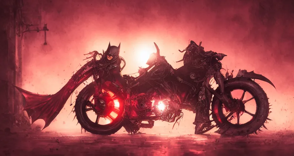 Image similar to The Batman Who Laughs and His Psycho Batcycle In A Dimly Lit Misty Sewer, red fluid, bats, sunset, volumetric lighting, hyperrealistic, beautiful details, HDR, octane render, action shot, wide angle, bokeh, Yasushi Niarasawa Moebius Giger Style