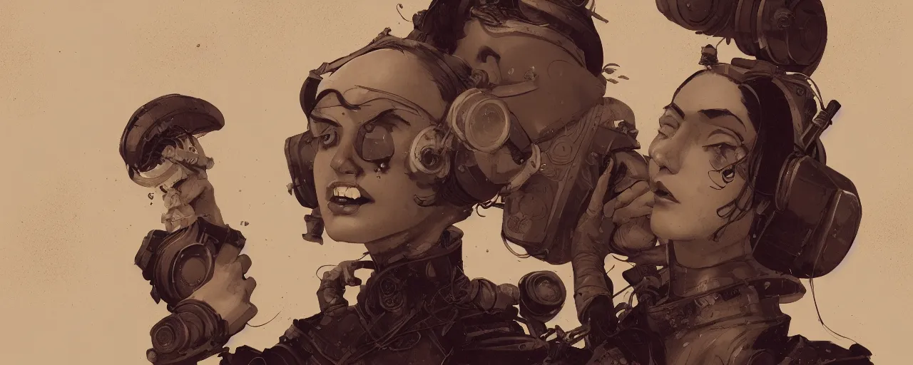 Prompt: duotone dark sepia background vintage illustration 3 / 4 portrait of stoic heroic butch blonde woman engineer with short slicked - back hair, dynamic composition by sachin teng and sergey kolesov and ruan jia and heng z. graffiti art, scifi, fantasy, hyper detailed. octane render. concept art. trending on artstation