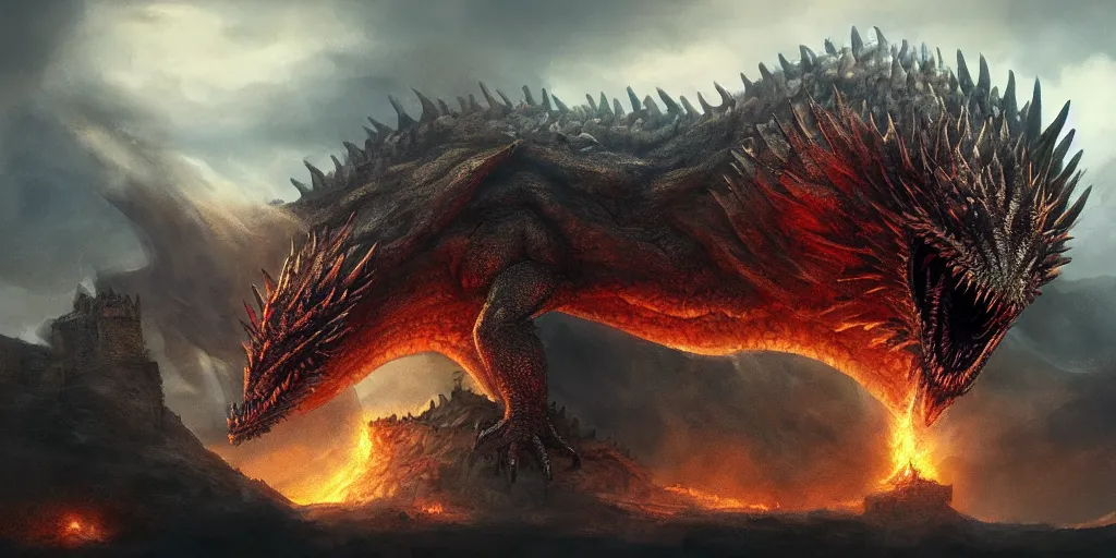 Image similar to an environmental concept art of a highly detailed dragon breathing fire on a castle, game of thrones, environmental light, cinematic by francis tneh