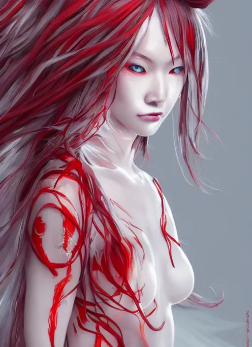 Image similar to albino maiko with very long fantasy hair, dluent composition, red and white neon, concept art, intricate details, highly professionally detailed, cgsociety, highly detailed -