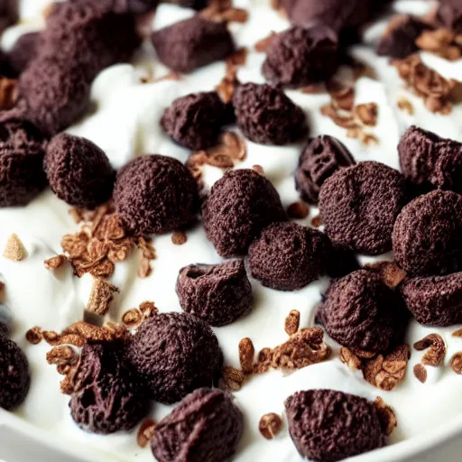 Image similar to a closeup shot of vanilla yoghurt with chocolate cereal. Highly detailed