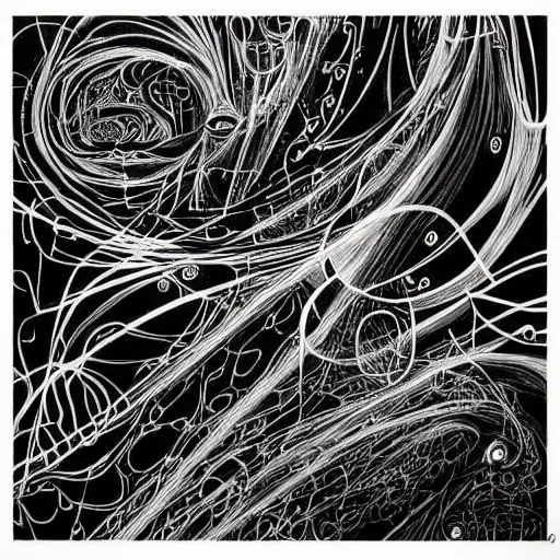 Image similar to abstract black and white concept art graphic painting illustrating diffusion process, overcomplicated, math inspired, hyper detailed, psychodelic, creepy