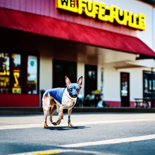 Image similar to blue heeler dog on a motorcycle, 8 k photography, blurred background of a wafflehouse