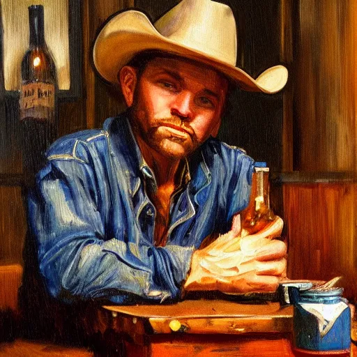 Image similar to modern oil painting portrait of cowboy at table with bottle in western saloon, 1890, masterpiece, realistic and detailed, artstation, interesting lightning