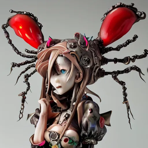 Prompt: by Yoshitaka Amano, by James Jean, by Good Smile Company, detailed resin anime sculpture of a 26yo female jester necromancer wearing a skull hat, close up dslr studio photograph, headshot, portrait, artstation, sci fi futuristic costume, mysterious temple setting, grim lighting