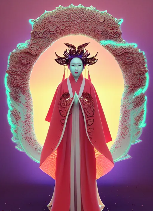 Image similar to 3 d goddess medium shot profile portrait. beautiful intricate highly detailed korean gumiho mask and traditional korean hanbok. stingray, magpie, bioluminescent, plasma, lava, ice, water, wind, creature, fog, artwork by tooth wu and wlop and beeple and greg rutkowski, in the style of hudson river school,