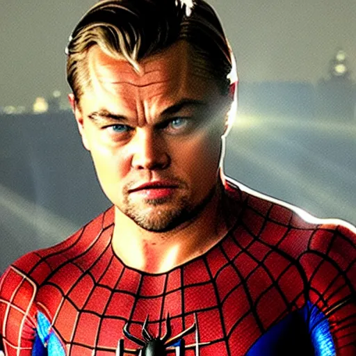 Image similar to leonardo dicaprio as spiderman, film still