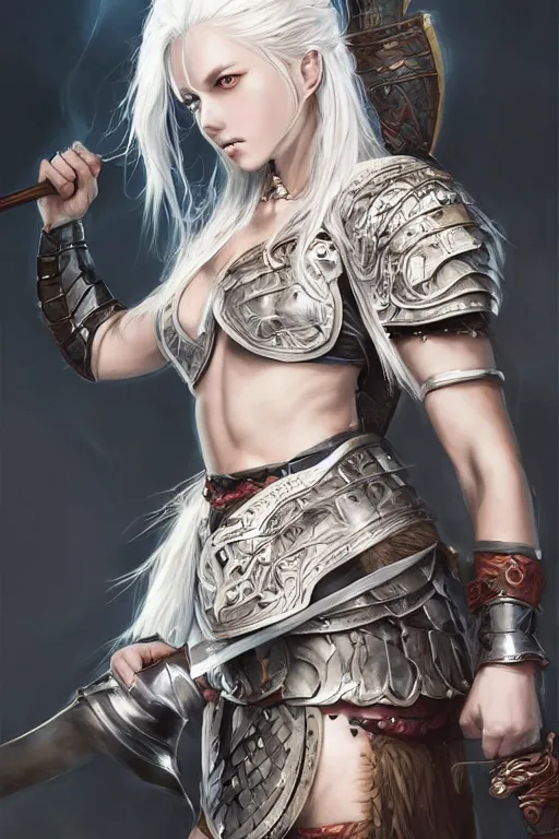 Image similar to A realistic anime portrait of a beautiful white haired female barbarian wearing an intricate viking armor, digital painting, by Stanley Artgerm Lau, Sakimichan, WLOP and Rossdraws, digital painting, painterly, Pixiv, Deviantart, golden ratio, rule of thirds, good composition, HD, 8k, award winning, promo art, splash art, rpg, jrpg, dungeons and dragons, DND, trending on ArtStation