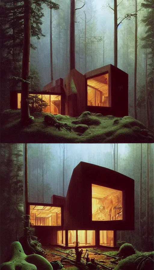 Image similar to cozy ultra modern home in the woods moody lighting, highly detailed, painting by zdzisław beksinski and norman rockwell and greg rutkowskiweta studio, and lucasfilm