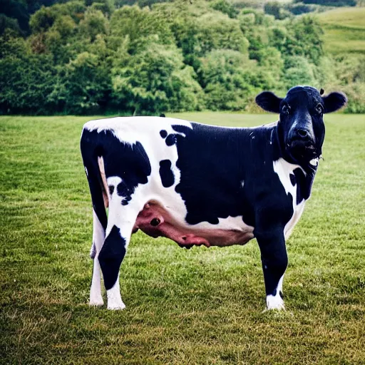 Image similar to a hybrid of a dog and a cow but mostly cow, 8 k, 4 k, professional photography, award winning photo