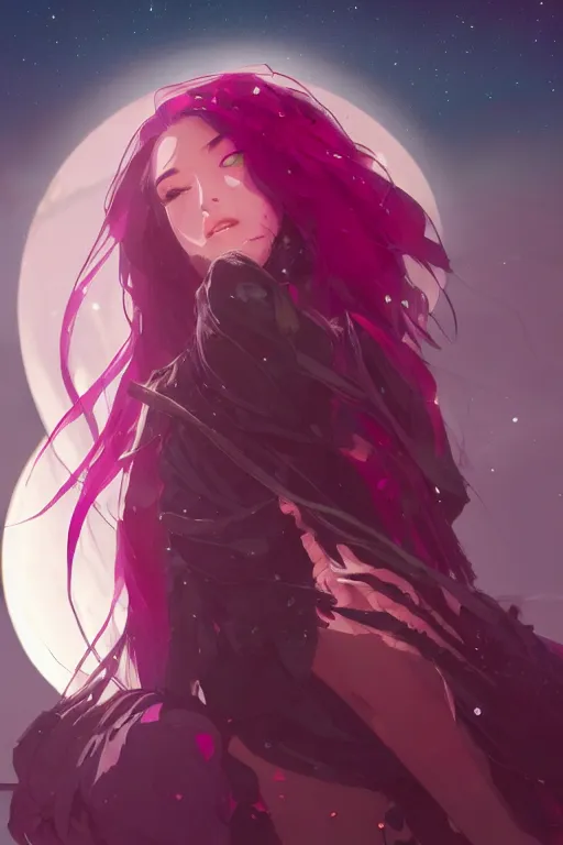 Prompt: A beautiful woman with magenta hair covering an eye basking in the moonlight on a bed of obsidian crystals below planets, tall tree, cinematic lighting, dramatic atmosphere, by Dustin Nguyen, Akihiko Yoshida, Greg Tocchini, Greg Rutkowski, Cliff Chiang, 4k resolution, trending on artstation