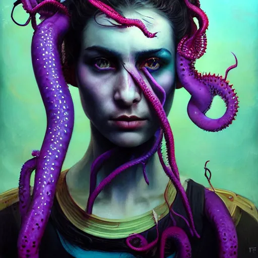 Image similar to art portrait of a furious girl with purple tentacles on her head, 8 k, by tristan eaton, stanley artgermm, tom bagshaw, greg rutkowski, carne griffiths, trending on deviantart, face enhance, hyper detailed, full of colour