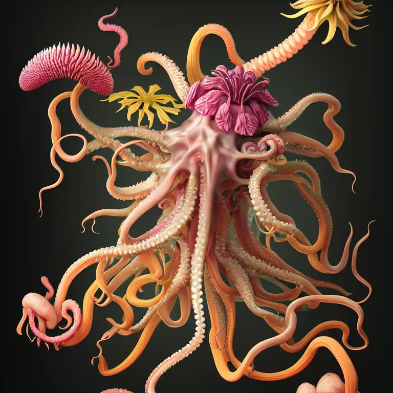 Prompt: still life of tropical flowers, alien squid, octopus, pastel tropical flowers, surreal alien ribbed tropical fruit, white human spine, baroque painting, beautiful detailed intricate insanely detailed octane render trending on Artstation, 8K artistic photography, photorealistic, chiaroscuro, Raphael, Caravaggio