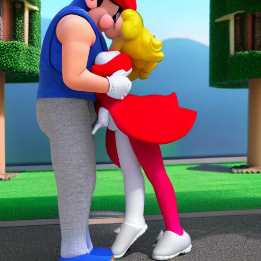 Image similar to super mario in tights kissing princess peach in yoga pants, highly detailed, extremely high quality, hd, 4 k, 8 k, canon 3 0 0 mm, professional photographer, 4 0 mp, lifelike, top - rated, award winning, realistic, detailed lighting, detailed shadows, sharp, no blur, edited, corrected, trending