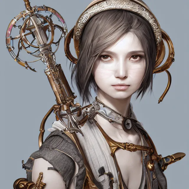 Image similar to studio portrait of neutral good colorful female cleric bard healer as absurdly beautiful, elegant, young skinny gravure idol, ultrafine hyperrealistic detailed face illustration by kim jung gi, irakli nadar, intricate linework, sharp focus, bright colors, matte, octopath traveler, final fantasy, unreal engine highly rendered, global illumination, radiant light, intricate environment