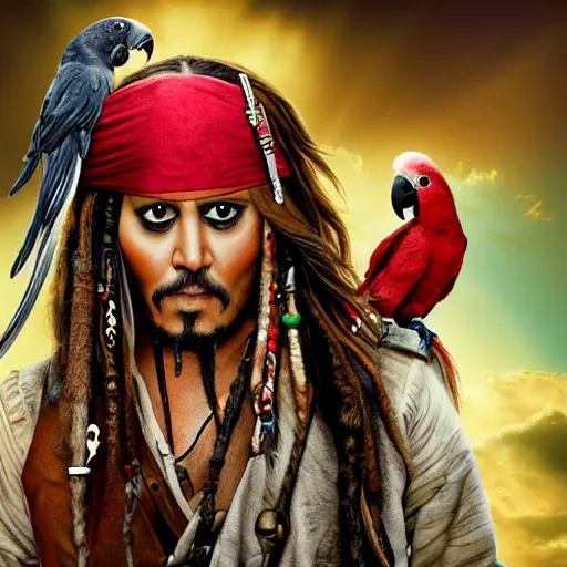 Prompt: jack sparrow with a parrot on the shoulder, portrait, 8k resolution, hyper detailed, realistic eyes