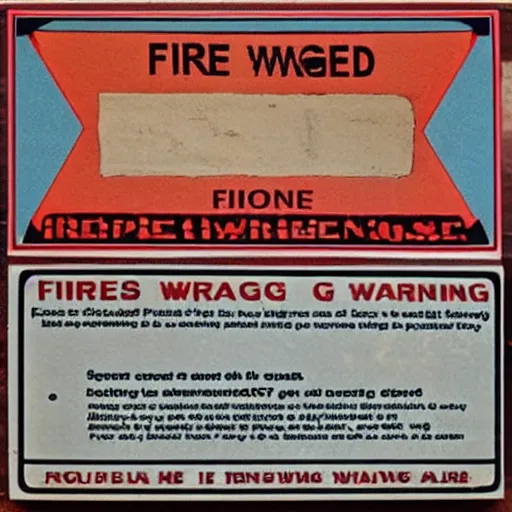 Prompt: vintage 1 9 7 0 s fire warning label