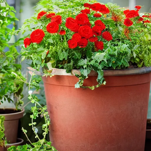 Image similar to robert plant with vines and flower pedals for hair in a large potting container 4 k