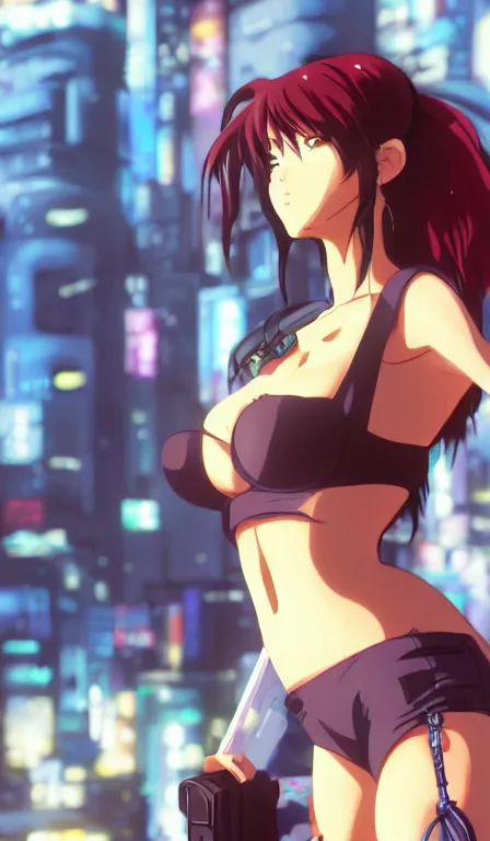 Image similar to anime fine details portrait of Revy in front of cyberpunk moder city landscape on the background deep bokeh, close-up view, anime masterpiece by Studio Ghibli. 8k, sharp high quality anime, artstation