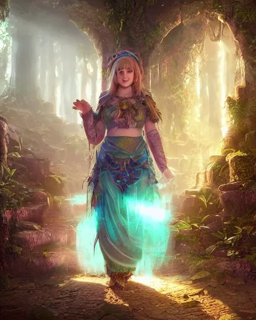 Prompt: Beautiful art portrait of Melissa Rauch as a fantasy priestess in a bright temple surrounded by lush forest, atmospheric lighting, intricate detail, cgsociety, hyperrealistic, octane render, RPG portrait, ambient light, dynamic lighting