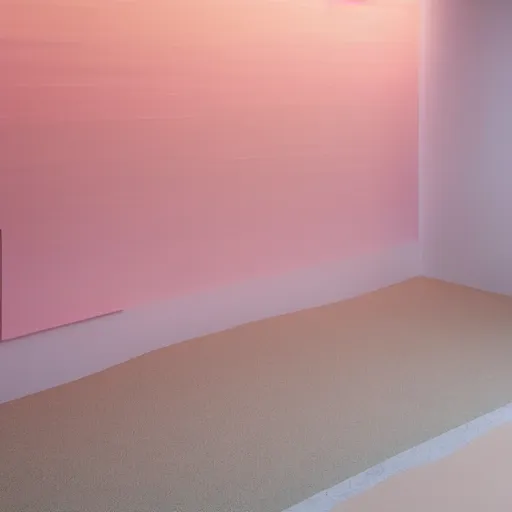 Prompt: An ultra high definition, professional photograph of a partial IKEA showroom inspired sculpture located on a pastel pink beach ((with pastel pink, dimpled sand where every item is pastel pink. The sun can be seen rising through a window in the showroom.)) The showroom unit is outdoors and the floor is made of dimpled sand. Morning time indirect lighting with on location production lighting on the showroom. In the style of wallpaper magazine, Wes Anderson.