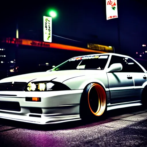 Image similar to a car JZX100 turbo drift at illegal car meet, Shibuya prefecture, midnight mist lights, cinematic color, photorealistic, highly detailed wheels, highly detailed