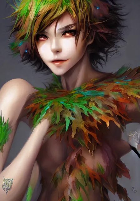 Image similar to A realistic anime portrait of a handsome dryad clown with glowing green eyes and tree bark skin wearing clothes made of leaves, digital painting, by Stanley Artgerm Lau, Sakimichan, WLOP and Rossdraws, digtial painting, trending on ArtStation, SFW version