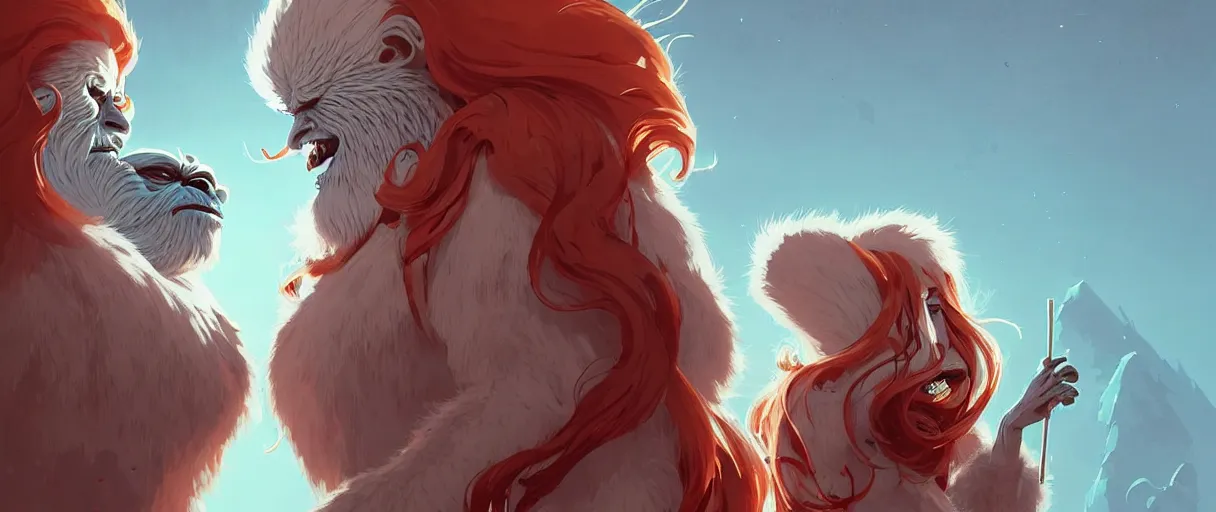 Prompt: beautiful artistic - wave highly detailed portrait yeti and bigfoot, with kitsune mask, long red hair, by atey ghailan, by greg rutkowski, by greg tocchini, by james gilleard, by joe fenton, by kaethe butcher, dynamic lighting, gradient light blue, brown, blonde cream and white color scheme, grunge aesthetic