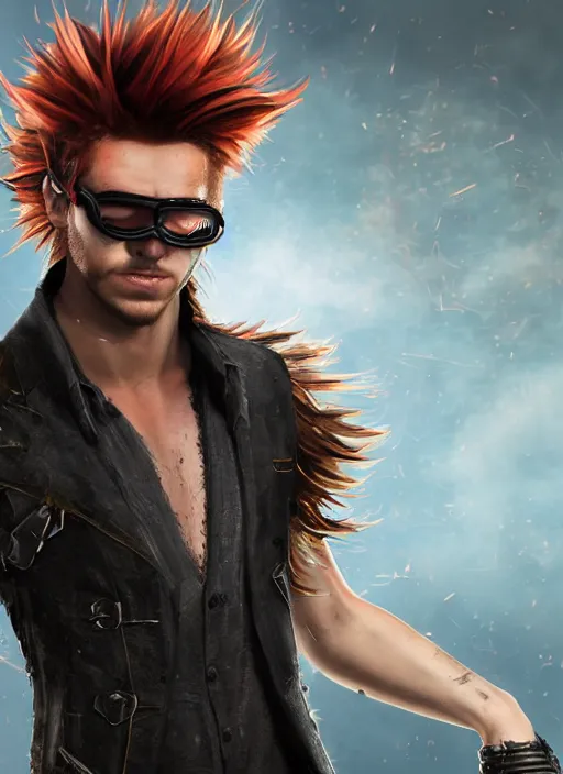 Image similar to An epic fantasy comic book style portrait painting of young man with red spiked long hair, using googles. Wearing a black waistcoat, white shirt. Fire on his hands. Unreal 5, DAZ, hyperrealistic, octane render, cosplay, RPG portrait, dynamic lighting