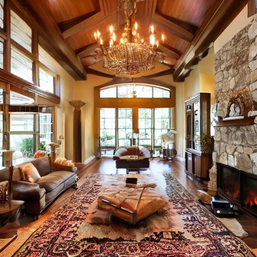 Image similar to a living room with dark wood floors, adjacent hallways, and a wall sized fireplace that reaches to the ceiling, low hanging chandeliers in front of the fireplace, a large rug sits on the floor