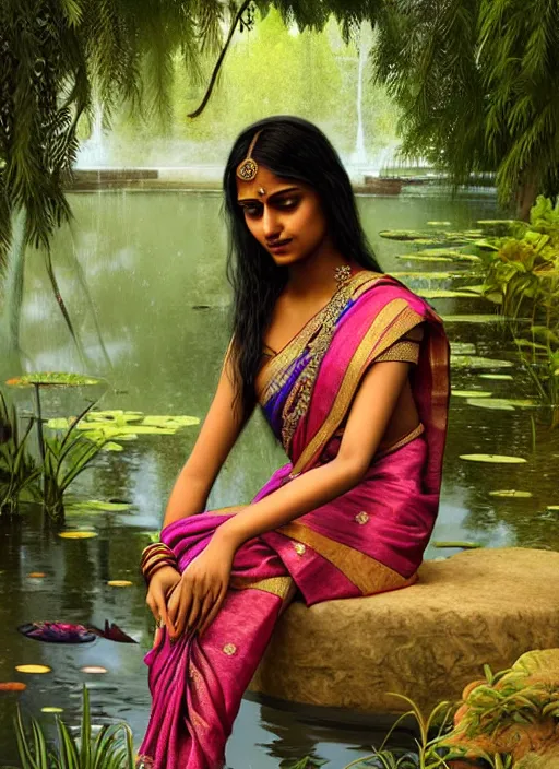 Prompt: a young indian lady wearing a sari relaxing by a pond, wet, shiny, fantasy, intricate, elegant, hyper detailed, ultra definition, photoreal, artstation, unreal engine rendered, concept art, smooth, sharp focus, illustration, art by artgerm and greg rutkowski and alphonse mucha and garis edelweiss