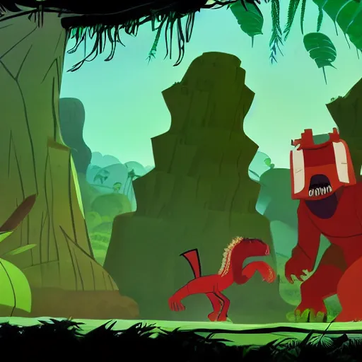 Image similar to tyrannosaurus in the jungle, genndy tartakovsky, samurai jack, studio la cachette