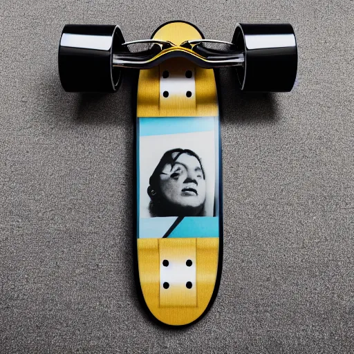 Prompt: futuristic skateboard (1987) designed by Jonathan Ive, product photo, high detail