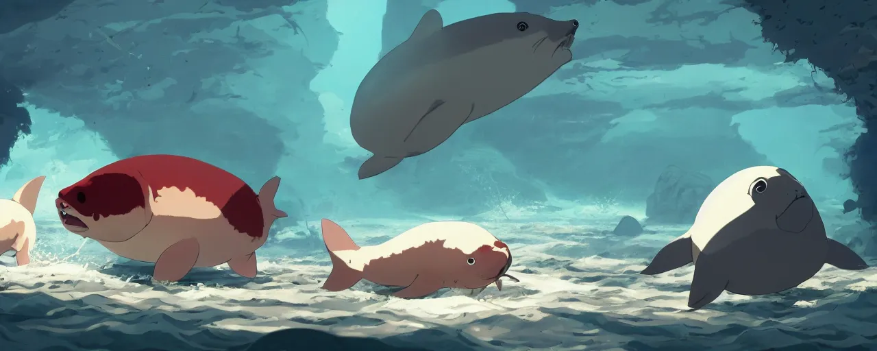 Prompt: piranhas eating a baby harp seal in a tropical river, atey ghailan, goro fujita, studio ghibli, rim light, dark lighting, clear focus, very coherent