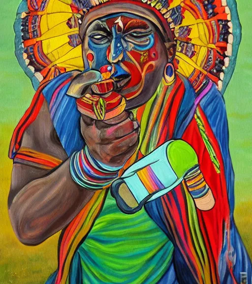 Image similar to Painting of a shaman dressed in a colorful traditional clothes. He is smoking a pipe. From the pipe there is a whole universe escaping and filing the sky