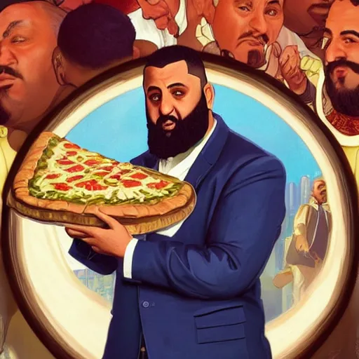 Prompt: portrait of DJ Khaled with groucho marx hairstyle holding a huge pizza as a Grand Theft Auto Cover, elegant, intricate, headshot, highly detailed, digital painting, artstation, concept art, sharp focus, illustration, art by artgerm and greg rutkowski and alphonse mucha