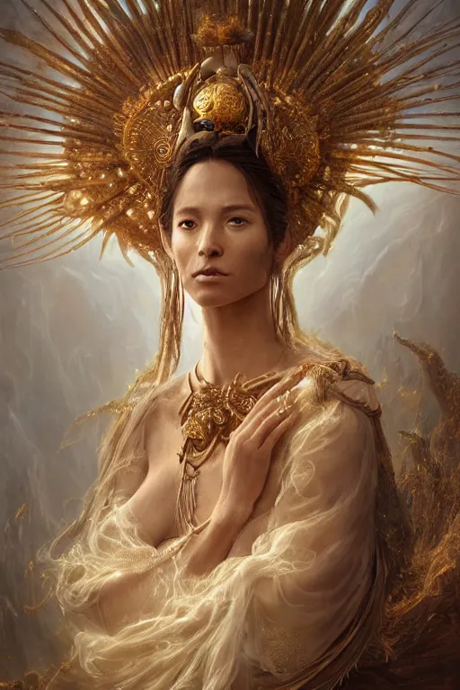 Image similar to a beautiful detailed cgi matte painting female tanned skinned empress of light, by ellen jewett, tomasz alen kopera and justin gerard | symmetrical, native american, solemn, realism, intricate, ornate, royally decorated, halo, gilding, gilded, whirling smoke, particles, gold adornments, white splendid fabric, radiant colors