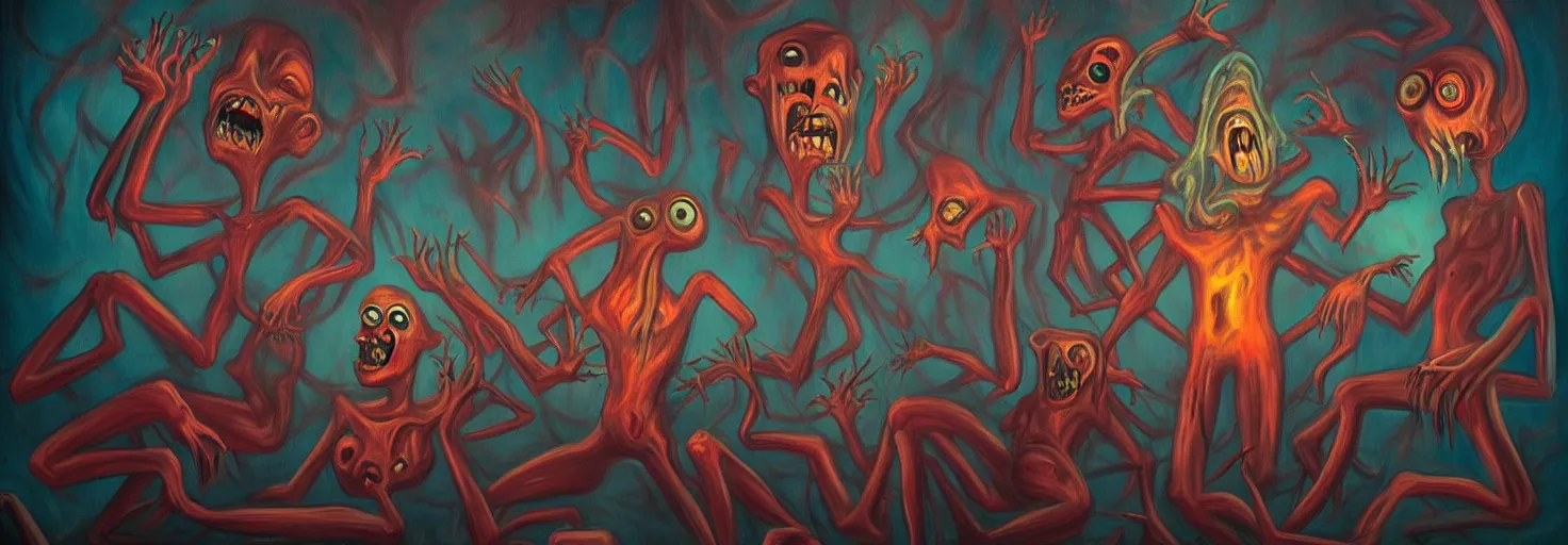 Image similar to visceral freaky obsessive monsters from the darkest depths of collective unconscious, dramatic glowing lighting, 1 9 3 0 s fleischer cartoon characters, wild emotional expressions - surreal painting by ronny khalil