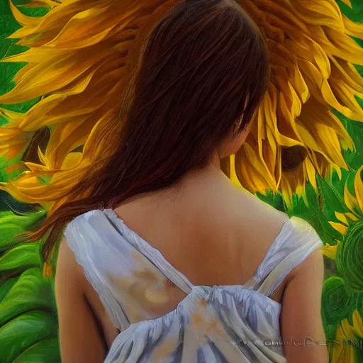 Image similar to a girl slowly walking through amazing tall sunflower field, her hair flowing down, subtle, intricate details, real masterpiece, oil on canvas, by somsak anong