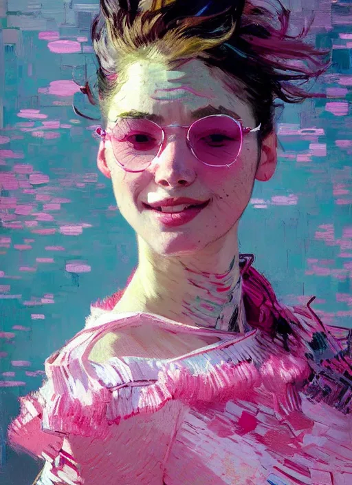 Image similar to portrait of a beautiful girl, smiling, ecstatic, eyes closed, open mouth, shades of pink, beautiful face, rule of thirds, intricate outfit, spotlight, by greg rutkowski, by jeremy mann, by francoise nielly, by van gogh, digital painting