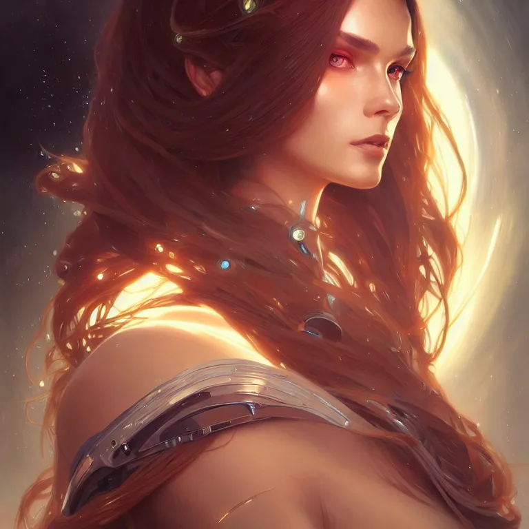 Image similar to futuristic woman portrait, sci-fi, amber eyes, face, long hair, fantasy, intricate, elegant, highly detailed, digital painting, artstation, concept art, smooth, sharp focus, illustration, art by artgerm and greg rutkowski and alphonse mucha