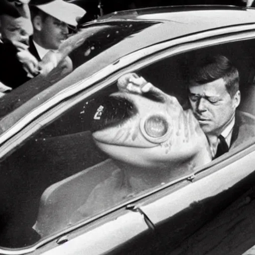 Image similar to realistic photograph of john f. kennedy surviving a sniper shot in his car, 1 9 6 3, pepe the frog among the crowd,