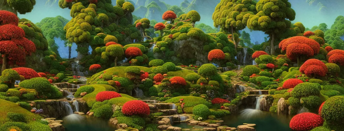 Prompt: a gorgeous very early spring series of lush islands separated by flower - lined streams, twisted gardens, flower paths with stone steps, painting by barlowe wayne maxfield parrish and marco mazzoni. tree no leaf!!!! china mountain village!! very little light verdancy. ultra clear detailed. 3 d, octane render. turbulent blood lake.