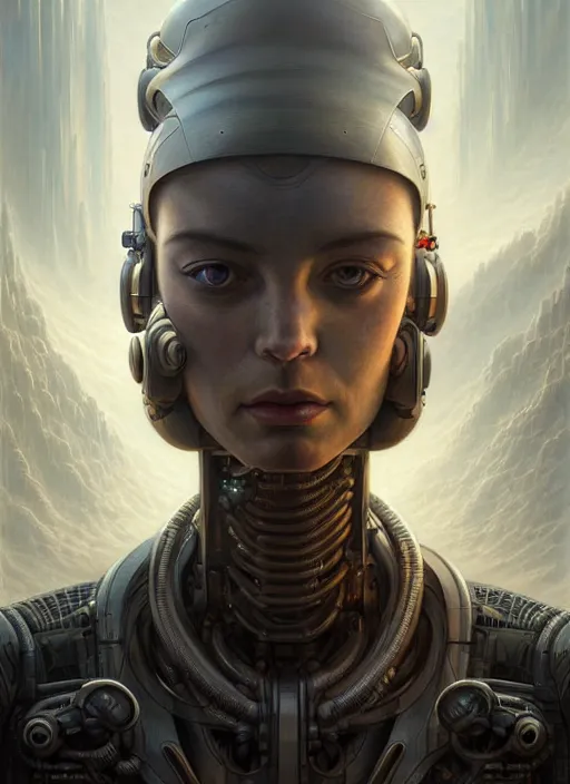 Image similar to closeup portrait shot of a sci - fi cyborg in a scenic dystopian environment, intricate, elegant, highly detailed, centered, digital painting, artstation, concept art, smooth, sharp focus, illustration, artgerm, tomasz alen kopera, peter mohrbacher, donato giancola, joseph christian leyendecker, wlop, boris vallejo