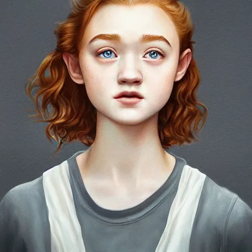 Image similar to portrait of a hybrid of julia garner and sadie sink, photo realistic, highly detailed, perfect face, art by artgerm