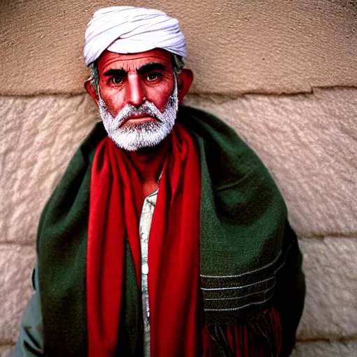 Image similar to portrait of john adams as afghan man, green eyes and red scarf looking intently, photograph by steve mccurry