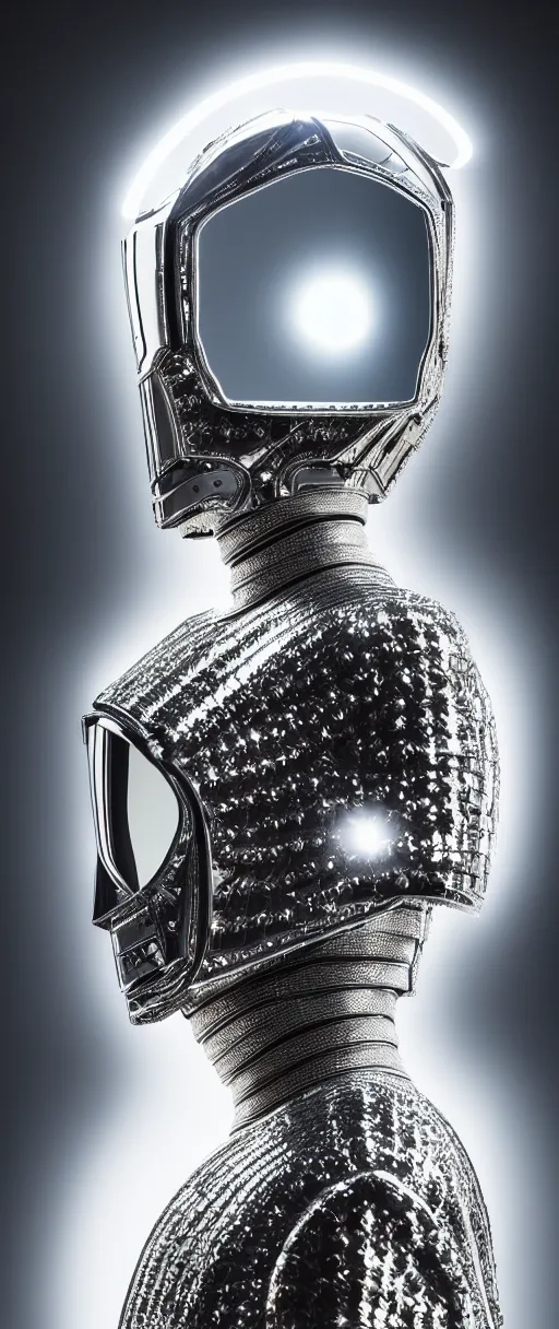 Image similar to hyperrealist highly detailed portrait of high fashion warrior wearing reflective mirror mirrored reflection armor, concept art pascal blanche dramatic studio lighting 8k wide angle shallow depth of field