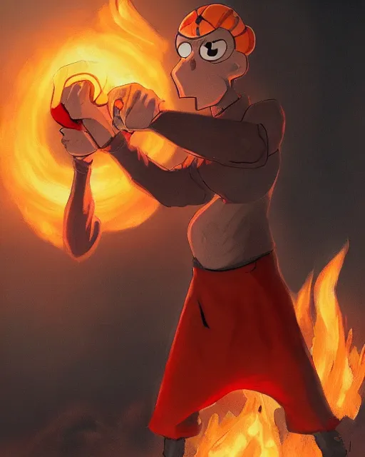 Image similar to squidward wearing fire nation clothing and practicing firebending outside at susnset, greg rutkowski